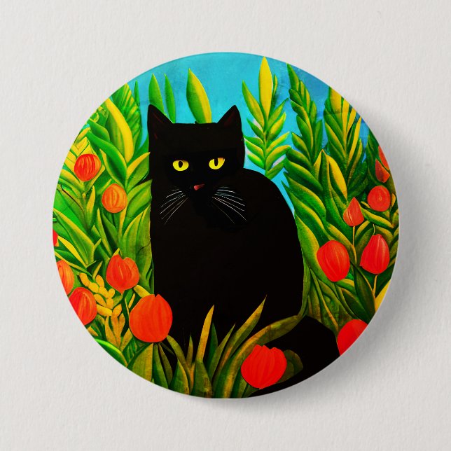 Badge Rond 7,6 Cm Petit chat noir dans un jardin de tulipes (Devant)