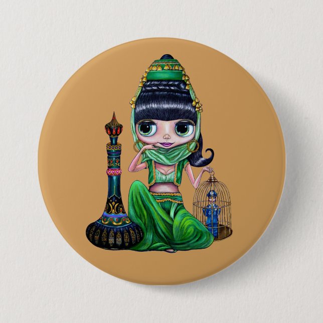Badge Rond 7,6 Cm Petit Génie Vert Fille Danseuse du ventre (Devant)