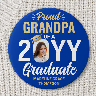 Badge Rond 7,6 Cm Photo de diplômé fier grand-père bleu royal et or