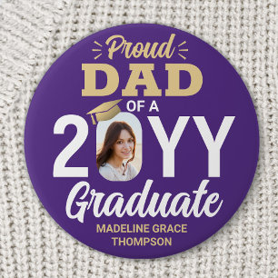 Badge Rond 7,6 Cm Photo de diplômé fier papa moderne violet et or