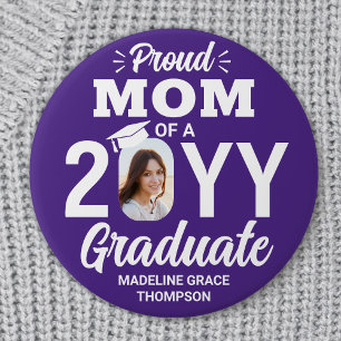 Badge Rond 7,6 Cm Photo de diplômé Maman fière Moderne Violet et Bla