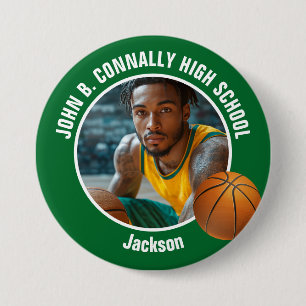 Badge Rond 7,6 Cm Photo de grand joueur de basket-ball de lycée vert