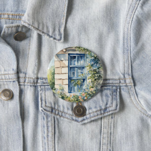Badge Rond 7,6 Cm Pierre mur de la fenêtre bleue Cottage Vignes
