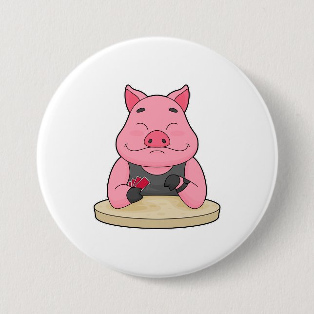 Badge Rond 7,6 Cm Pig au Poker avec cartes de Poker (Devant)