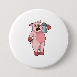 Badge Rond 7,6 Cm Pig with coffee pot