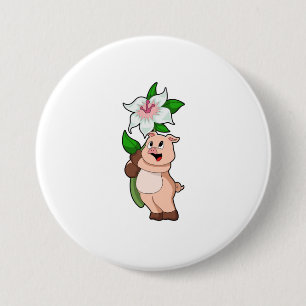 Badge Rond 7,6 Cm Pig with Flower Lily