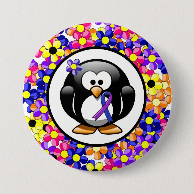 Badge Rond 7,6 Cm Pingouin à ruban bleu et violet (Devant)