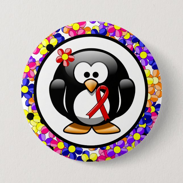 Badge Rond 7,6 Cm Pingouin à ruban de sensibilisation rouge (Devant)
