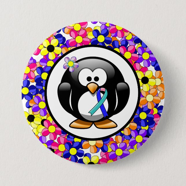 Badge Rond 7,6 Cm Pingouin à ruban turquoise/rose/bleu (Devant)