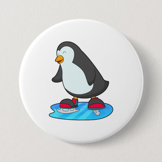 Badge Rond 7,6 Cm Pingouin at Ice skating with Ice skates (Devant)