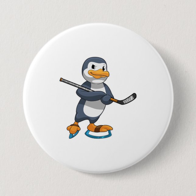 Badge Rond 7,6 Cm Pingouin au hockey sur glace avec bâton de hockey  (Devant)