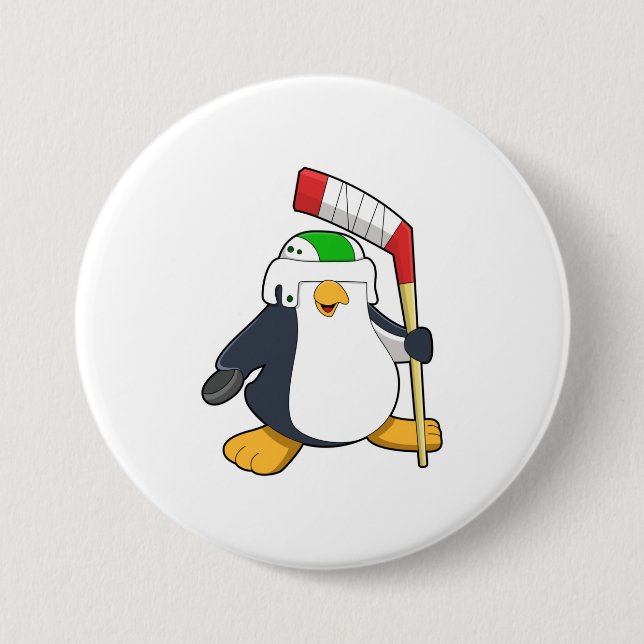 Badge Rond 7,6 Cm Pingouin au hockey sur glace avec bâton de hockey  (Devant)