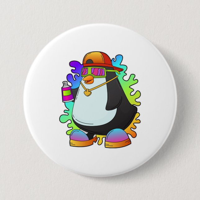 Badge Rond 7,6 Cm Pingouin comme peintre avec Spray (Devant)