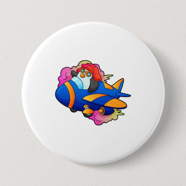 Badge Rond 7,6 Cm Pingouin comme pilote avec avion (Devant)