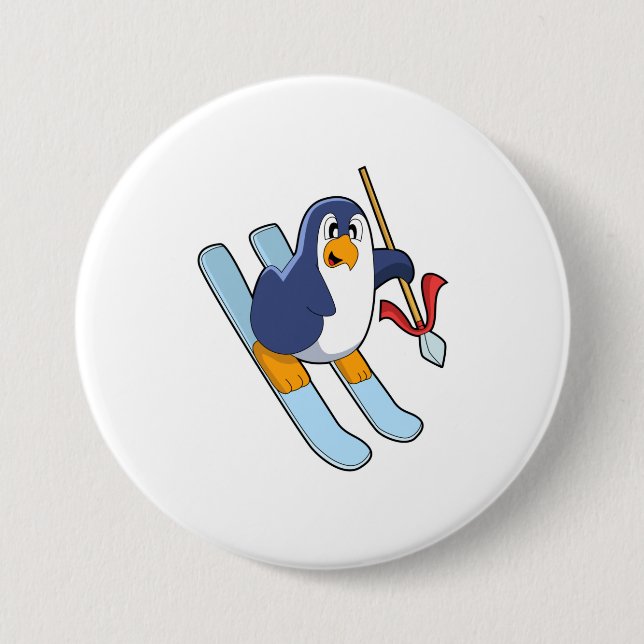 Badge Rond 7,6 Cm Pingouin comme skieur avec ski (Devant)
