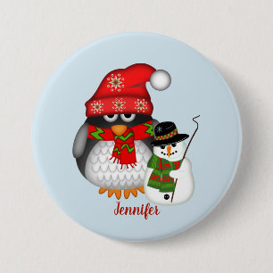 Badge Rond 7,6 Cm Pingouin de Noël et bonhomme de neige avec nom per