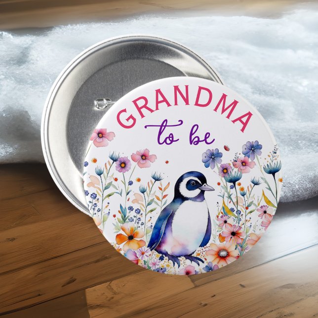 Badge Rond 7,6 Cm Pingouin en Fleurs Baby shower grand-mère à être (Créateur téléchargé)