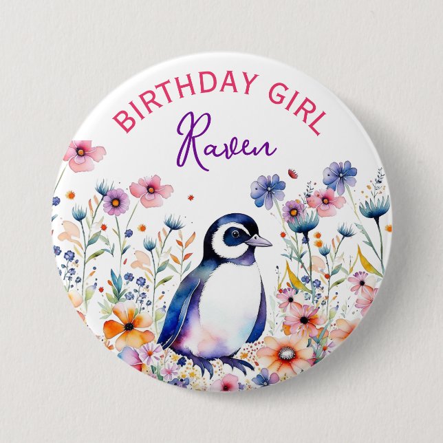Badge Rond 7,6 Cm Pingouin en fleurs Fille d'anniversaire Personnali (Devant)