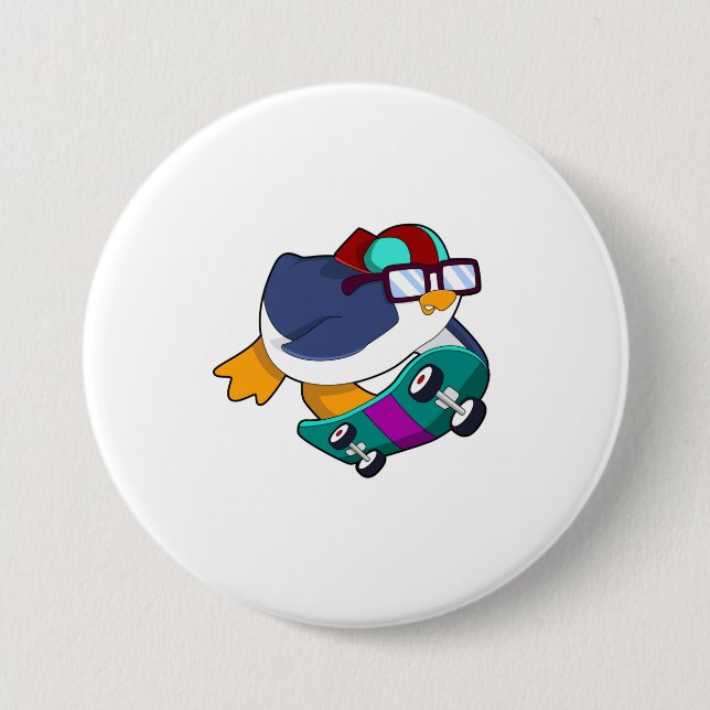 Badge Rond 7,6 Cm Pingouin en patinage avec skateboard (Devant)