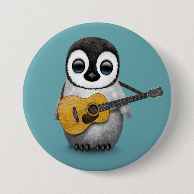 Badge Rond 7,6 Cm Pingouin musical de bébé jouant le bleu de guitare (Devant)