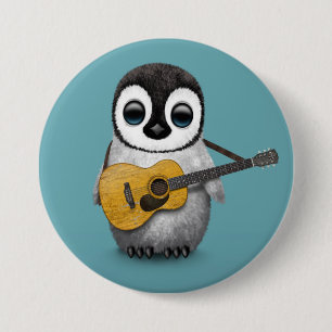 Badge Rond 7,6 Cm Pingouin musical de bébé jouant le bleu de guitare