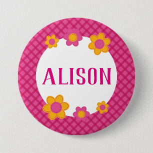 Badge Rond 7,6 Cm Pink plaid printemps florale filles nom