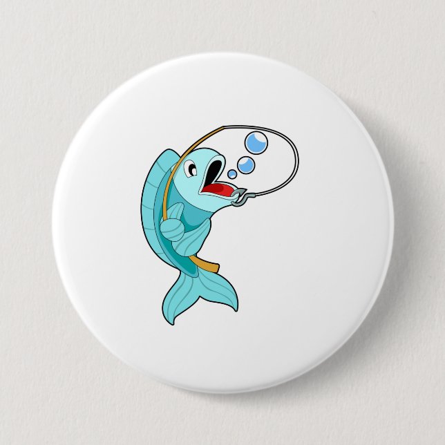 Badge Rond 7,6 Cm Poisson avec canne à pêche (Devant)