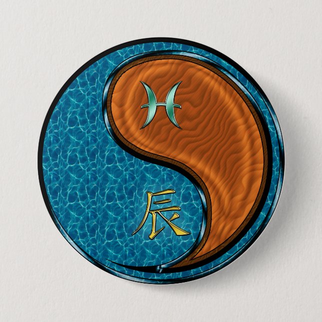 Badge Rond 7,6 Cm Poissons & Dragon de Bois (Devant)