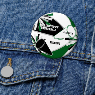 Badge Rond 7,6 Cm pom-pom girl de basket-ball vert noir ou de TOUTES