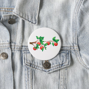 Badge Rond 7,6 Cm Pommier rouge Branche Fruit frais et Feuilles vert