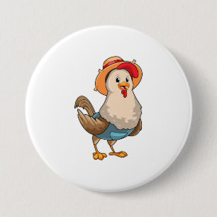 Badge Rond 7,6 Cm Poulet en fermier avec Casquette