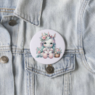 Badge Rond 7,6 Cm Poupée Licorne Kawaii Pastel avec Panier de Fleurs