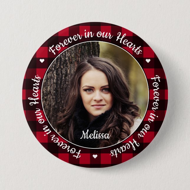 Badge Rond 7,6 Cm Pour toujours dans nos coeurs Red Plaid Keepsaké M (Devant)