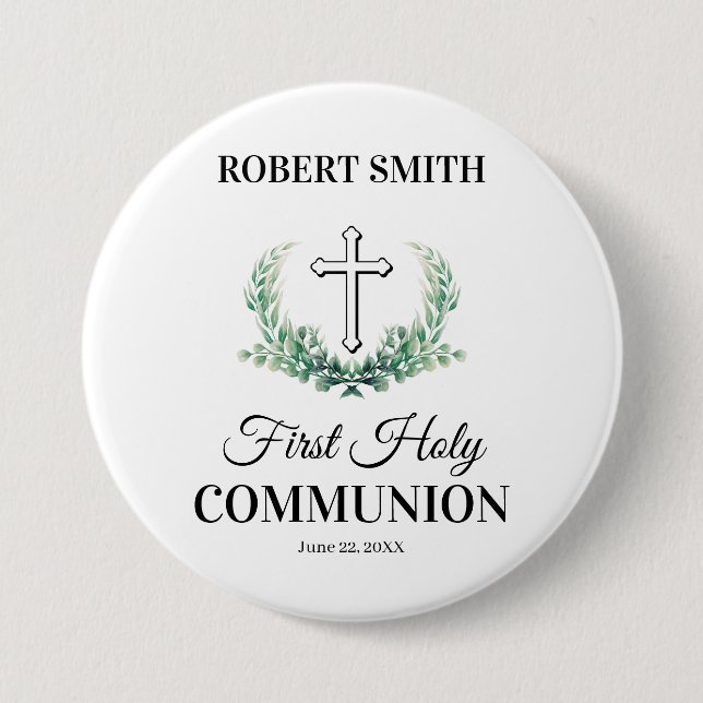 Badge Rond 7,6 Cm Première communion feuille verte  (Devant)