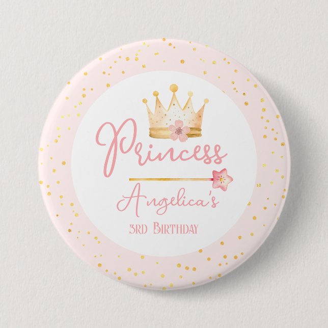 Badge Rond 7,6 Cm Princesse Crown Rose Petite fille Anniversaire (Devant)