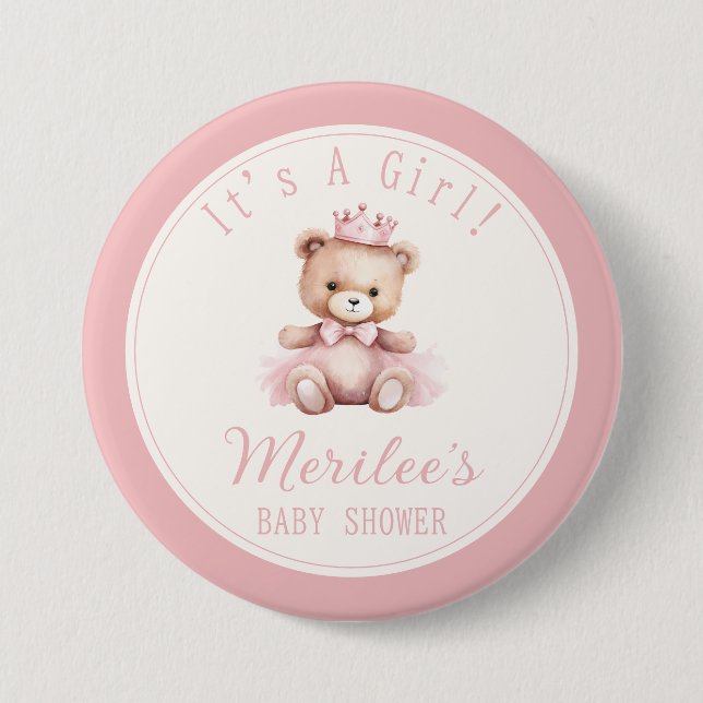 Badge Rond 7,6 Cm Princesse rose ours Bébé Baby shower fille (Devant)