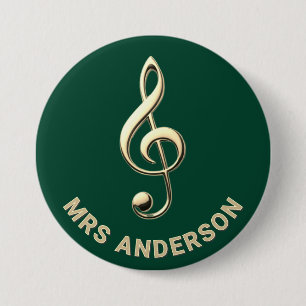 Badge Rond 7,6 Cm Professeur de Musique Clé de Sol Verte Nom Personn