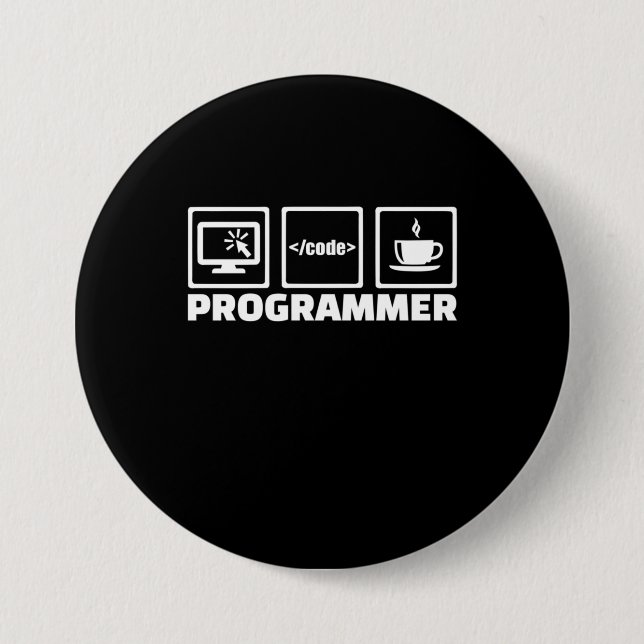 Badge Rond 7,6 Cm Programmeur Écrit du Code et Boit du Café (Devant)