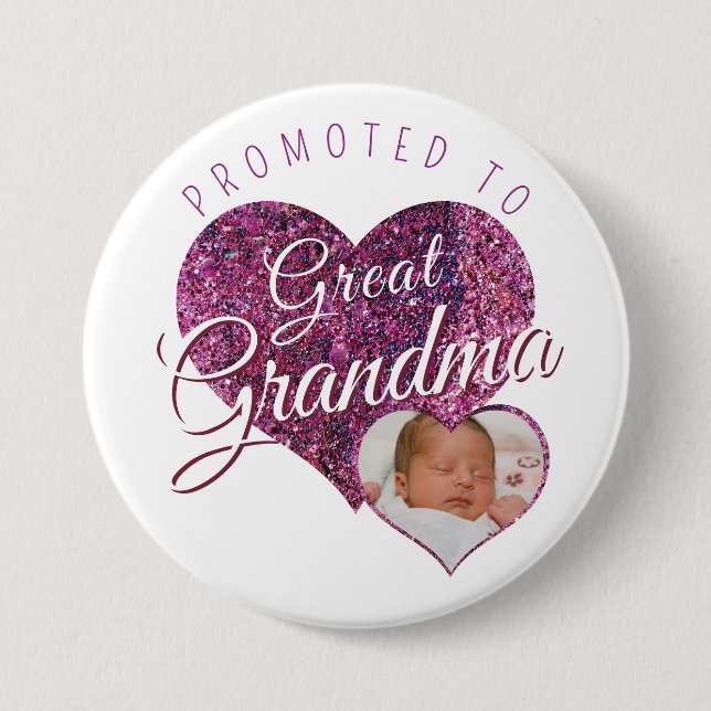 Badge Rond 7,6 Cm Promoted to Great Grandma faux sparkle pink photo (Devant)
