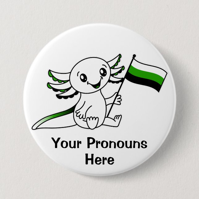 Badge Rond 7,6 Cm PRONONOUNS Cute Axolotl + Neutrois Pride Drapeau L (Devant)