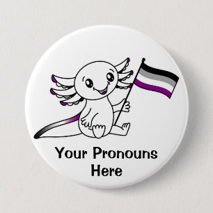 Badge Rond 7,6 Cm PRONONOUNS mignon Axolotl avec Ace Pride drapeau L
