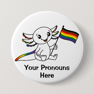 Badge Rond 7,6 Cm PRONONOUNS mignon Axolotl avec drapeau de la fiert