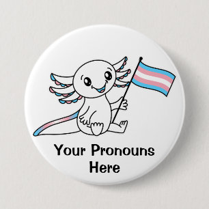 Badge Rond 7,6 Cm PRONONOUNS mignon Axolotl avec drapeau de la Trans