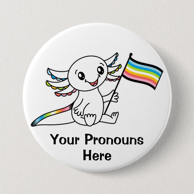 Badge Rond 7,6 Cm PRONONOUNS mignon Axolotl avec drapeau Queer Pride (Devant)
