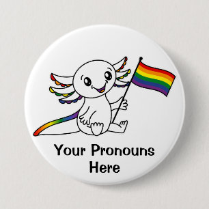 Badge Rond 7,6 Cm PRONOUNS mignon Axolotl avec drapeau Rainbow Pride