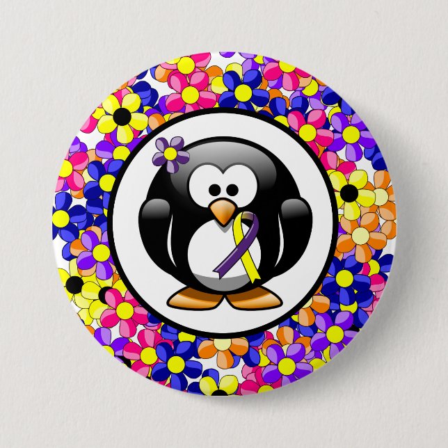 Badge Rond 7,6 Cm Purple and Yellow Awareness Ribbon Penguin (Devant)