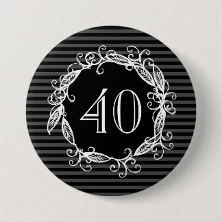 Badge Rond 7,6 Cm Quarantième noir de blanc gris de l'anniversaire
