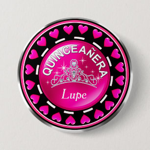 Badge Rond 7,6 Cm Quinceanera Princesse Tiara Coeurs d'amour   Rose