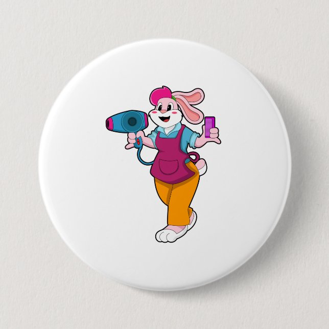 Badge Rond 7,6 Cm Rabbit en coiffeur avec sèche-cheveux & peigne (Devant)