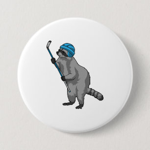 Badge Rond 7,6 Cm Racoon au hockey sur glace avec bâton de hockey su